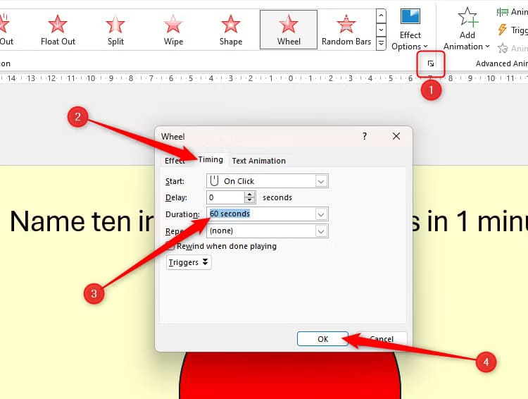 the-timing-tab-in-the-wheel-exit-animation-dialog-box-in-powerpoint-with-the-duration-changed-to-60-seconds-and-the-ok-button-selected طرق إبداعية للاستفادة من PowerPoint في حياتك اليومية