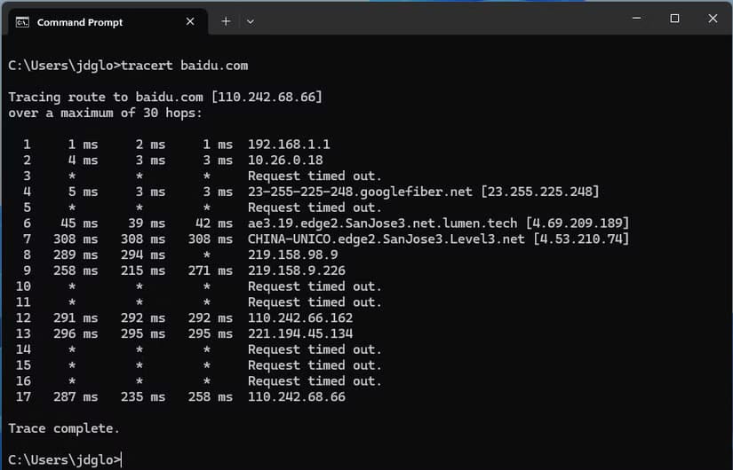 the-tracert-command-being-used-to-trace-connections-to-the-baidu-website دليل عملي لاستخدام Traceroute لتشخيص مشاكل الشبكة