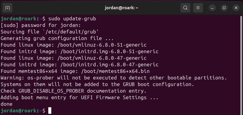 the-ubuntu-terminal-showing-the-readout-of-the-update-grub-command دليل شامل لتكوين إعدادات محمل التمهيد GRUB2 في أنظمة Linux