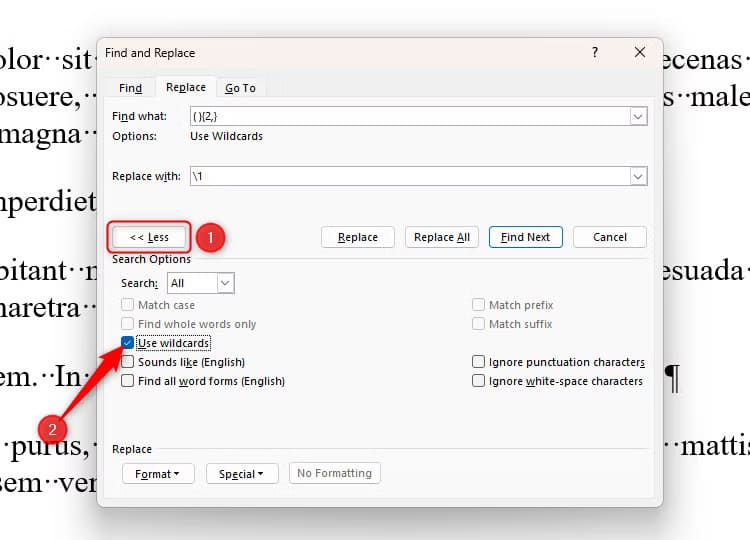 the-use-wildcards-option-is-checked-in-microsoft-word-s-find-and-replace-dialog-box 5 حيل رائعة في Microsoft Word ستجعل عملك أسهل وأسرع