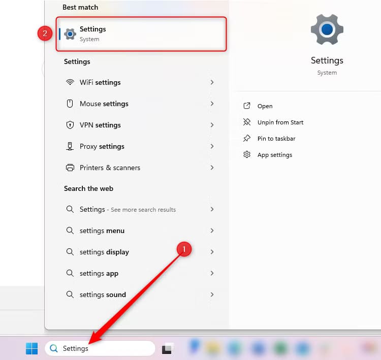 the-windows-11-taskbar-search-with-settings-typed-into-the-search-bar-and-the-settings-option-selected إظهار التاريخ والوقت الكامل على شريط المهام في Windows 11 بسهولة