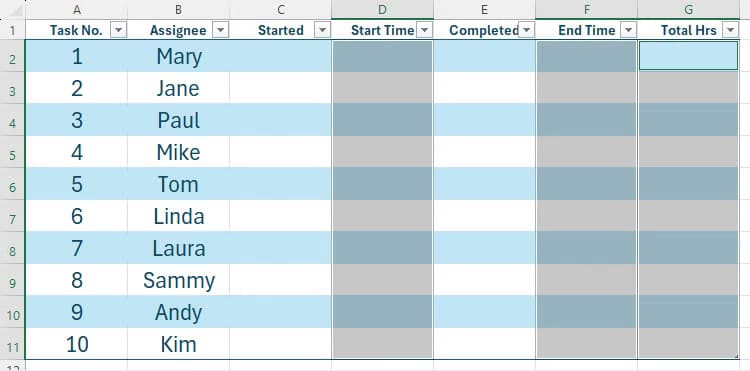 three-columns-in-an-excel-table-where-the-data-type-will-be-time-are-selected إضافة تاريخ ووقت تلقائي لمربعات الاختيار في Excel بخطوات سهلة