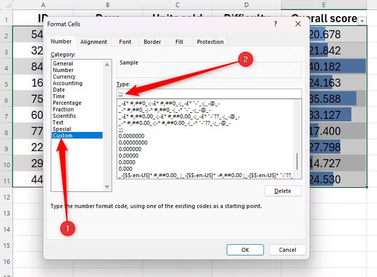 three-semicolons-are-typed-into-the-type-box-in-the-custom-area-of-the-format-cells-dialog-box حيل مفيدة في Microsoft Excel تسهل عليك العمل