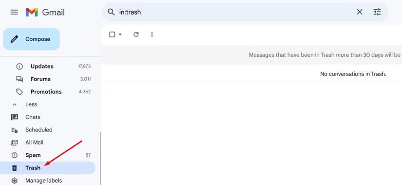 trash-folder-in-gmail طرق فعالة لحل مشكلة عدم تلقي رسائل البريد الإلكتروني في Gmail