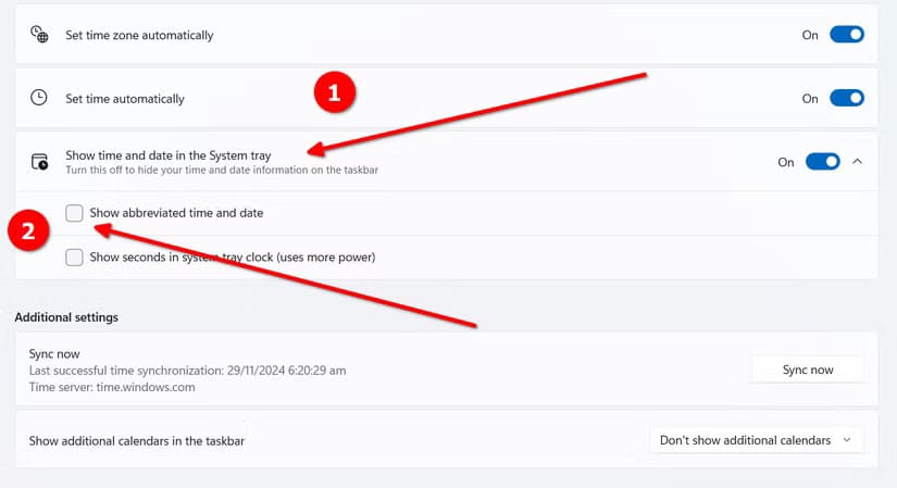 turning-off-the-abbreviated-time-and-date-display-on-the-windows-system-tray إظهار التاريخ والوقت الكامل على شريط المهام في Windows 11 بسهولة