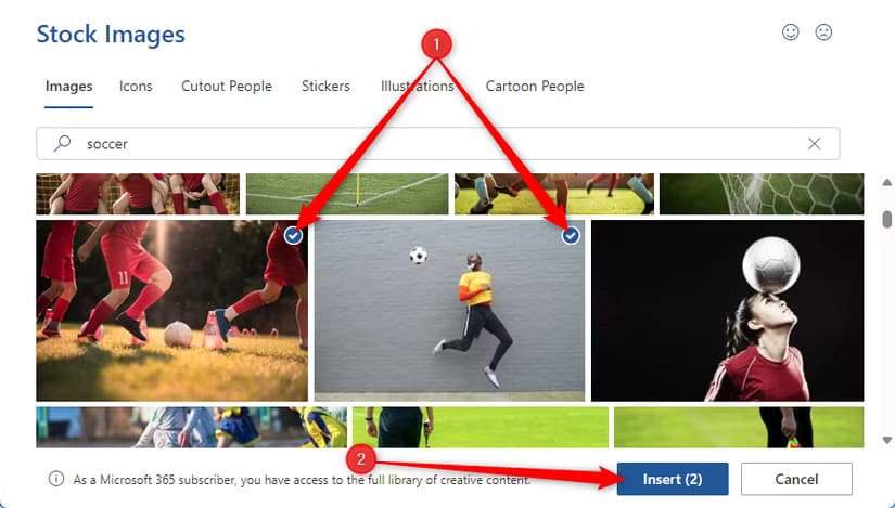 two-stock-images-in-microsoft-word-are-selected-and-the-insert-button-is-highlighted 5 حيل رائعة في Microsoft Word ستجعل عملك أسهل وأسرع