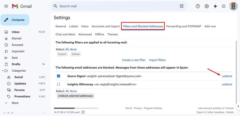 unblock-option-in-gmail طرق فعالة لحل مشكلة عدم تلقي رسائل البريد الإلكتروني في Gmail