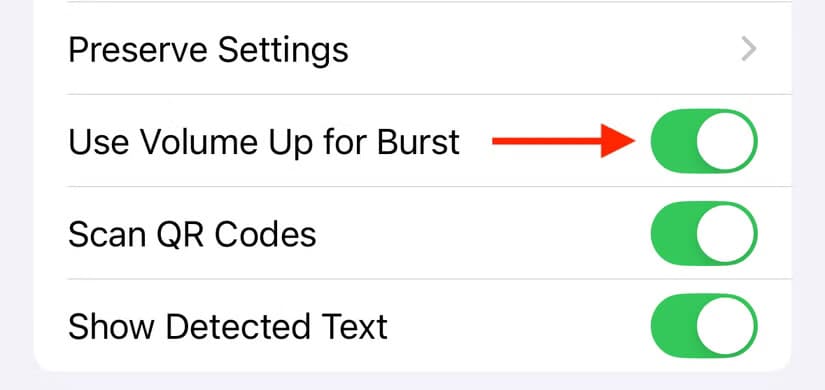 use-volume-for-burst-on-in-camera-settings-on-iphone أفضل طريقة لالتقاط صور سريعة الحركة على iPhone بدون تقنيات معقدة
