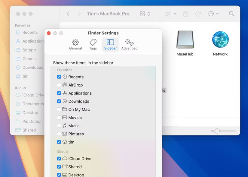 using-finder-settings-to-add-or-remove-items-from-the-sidebar كيفية تنظيم شريط Finder الجانبي على Mac لتسهيل الوصول إلى ملفاتك