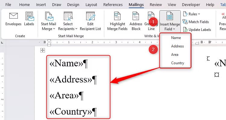 word-s-insert-merge-field-drop-down-with-the-different-fields-having-been-added-to-the-word-document كيفية الاستفادة من تطبيقات Microsoft لتبسيط الاحتفالات