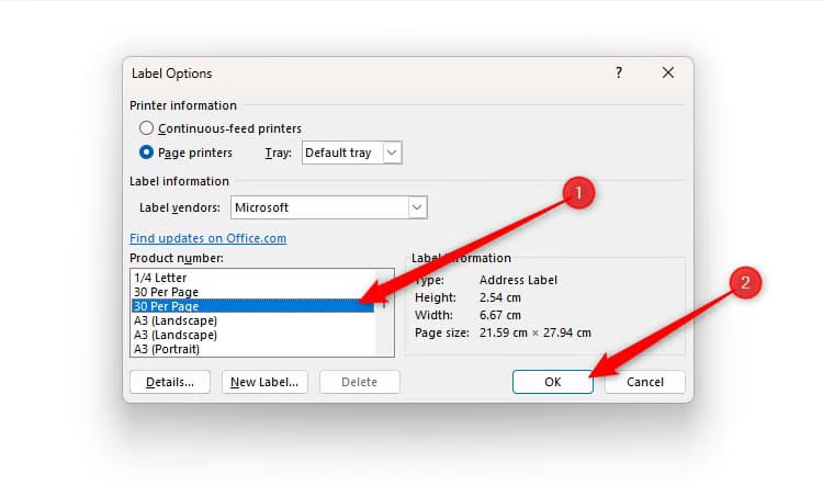 word-s-label-options-dialog-box-with-30-per-page-selected-and-ok-being-clicked كيفية الاستفادة من تطبيقات Microsoft لتبسيط الاحتفالات