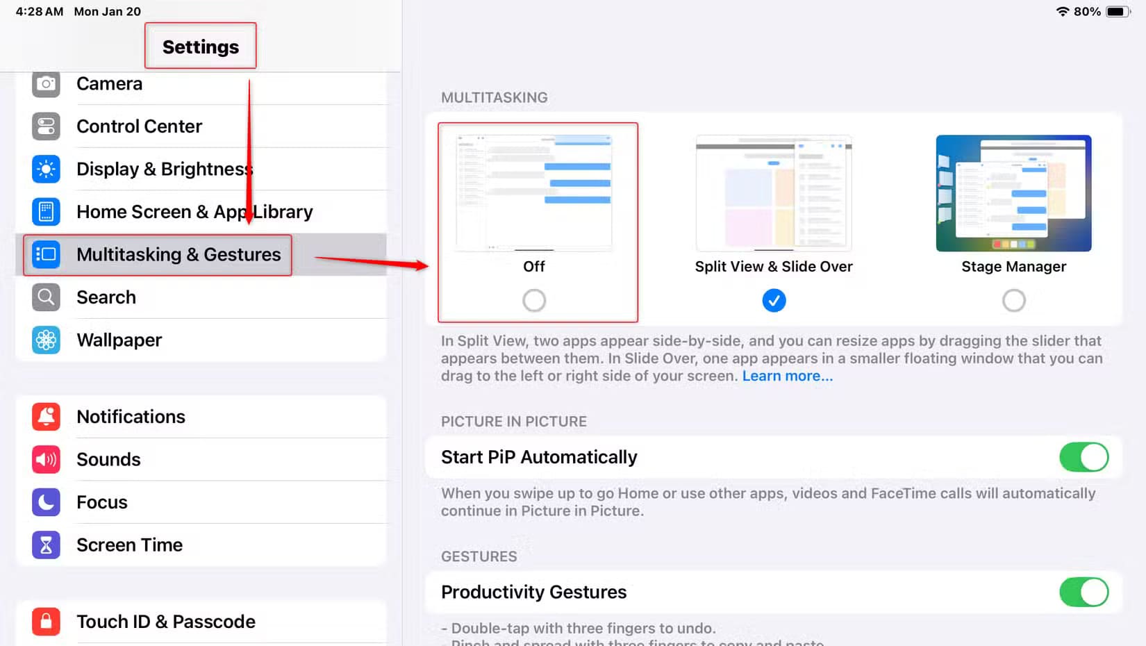 1-ipad-settings-app-showing-multitasking-and-guestures-options خطوات بسيطة لإيقاف ميزة تعدد المهام على iPad