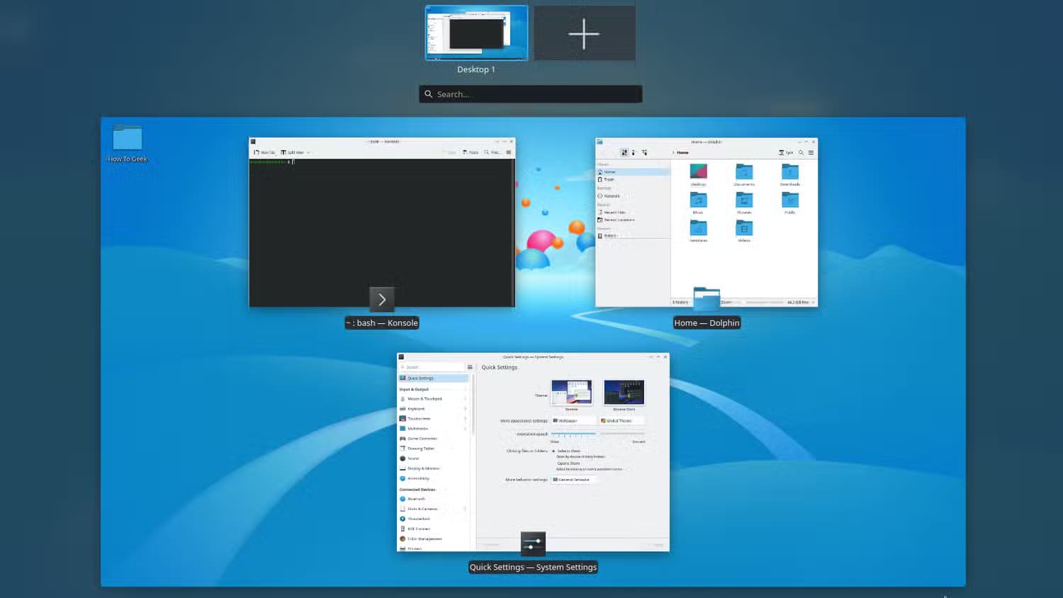 5b-kde-plasma-overview-mode-for-switching-virtual-desktops الفرق بين GNOME وKDE Plasma واختيار الأفضل بينهما لأجهزة سطح المكتب بنظام Linux