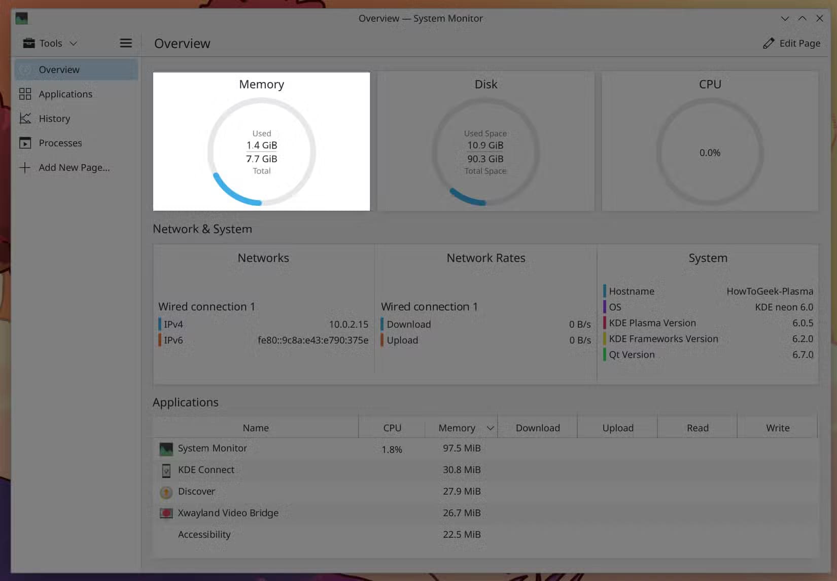 7-kde-plasma-system-resource-consumption-after-a-fresh-boot الفرق بين GNOME وKDE Plasma واختيار الأفضل بينهما لأجهزة سطح المكتب بنظام Linux