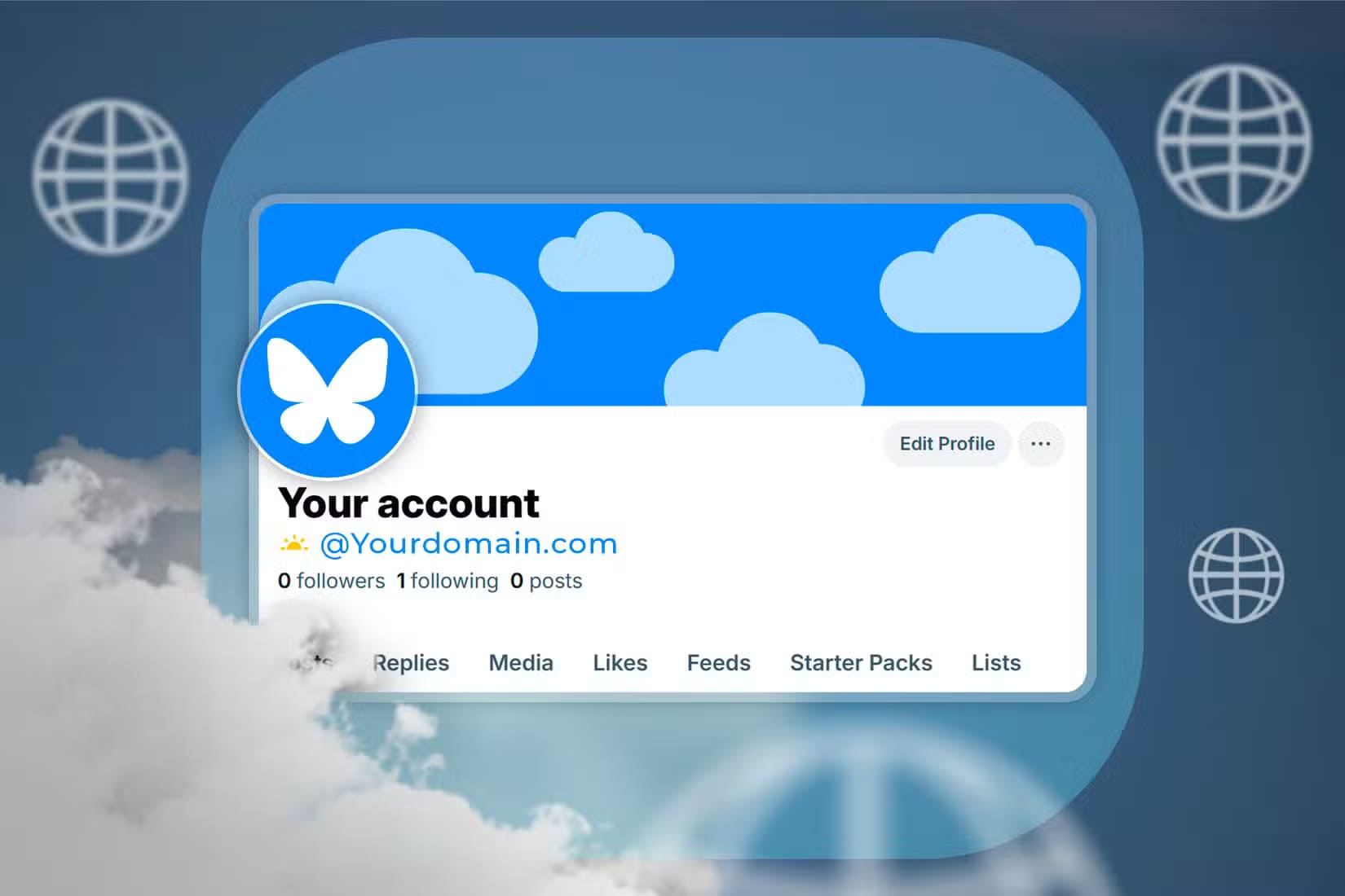 a-bluesky-account-with-a-custom-domain-and-some-internet-icons-around-it طرق بسيطة للتأكد من شرعية حسابات Bluesky