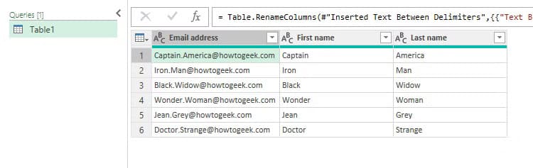 a-list-of-email-addresses-first-names-and-last-names-in-power-query-editor-in-excel طرق سهلة لتنظيف واستيراد البيانات في Excel باستخدام Power Query