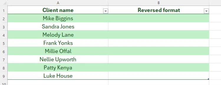 a-list-of-names-in-column-a-in-excel-with-the-empty-column-b-headed-reversed-format كيفية الاستفادة من وظائف REGEX في Excel لتحسين عمليات البيانات