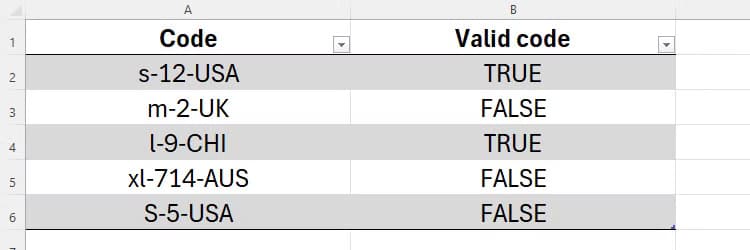 a-list-of-product-codes-in-excel-and-a-second-column-that-tests-whether-the-code-is-valid-using-the-regextest-function كيفية الاستفادة من وظائف REGEX في Excel لتحسين عمليات البيانات