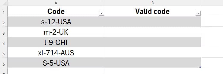 a-list-of-product-codes-in-excel كيفية الاستفادة من وظائف REGEX في Excel لتحسين عمليات البيانات