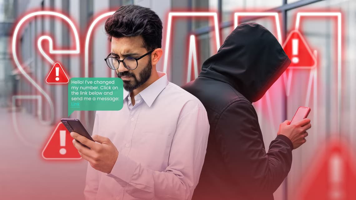 a-man-receiving-a-message-on-his-phone-with-a-scammer-behind-him-and-warning-signs-around كيف تتجنب الوقوع في خدعة تغيير رقم الهاتف