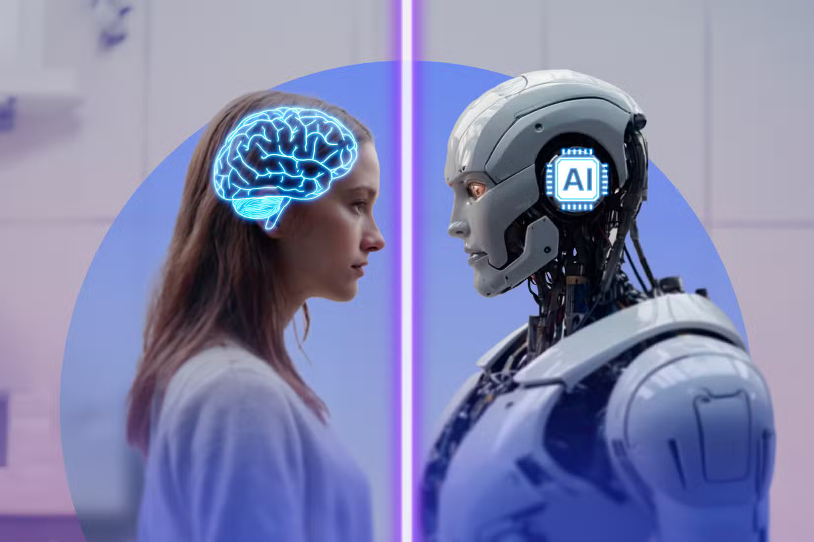 a-person-and-a-robot-standing-face-to-face-with-an-illustration-of-a-brain-on-the-person-s-head-and-an-ai-chip-on-the-robot-s-head كيف يعيد الذكاء الاصطناعي تشكيل دور المؤثرين على وسائل التواصل الاجتماعي