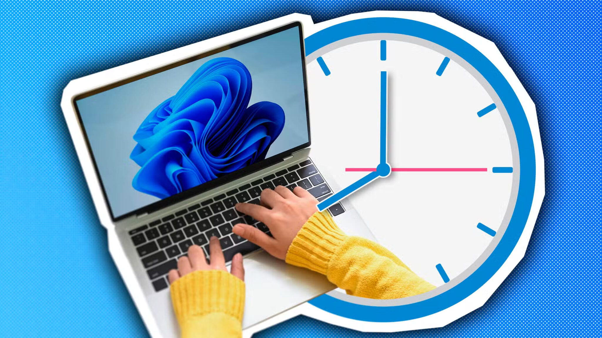 a-person-using-a-laptop-with-windows-11-and-a-clock-beside-it-scaled طريقة تشغيل وإيقاف الكمبيوتر باستخدام Siri واختصارات Apple