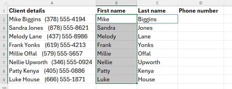 a-series-of-first-and-last-names-have-been-extracted-in-excel-from-column-a-to-columns-b-and-c-using-regexextract كيفية الاستفادة من وظائف REGEX في Excel لتحسين عمليات البيانات