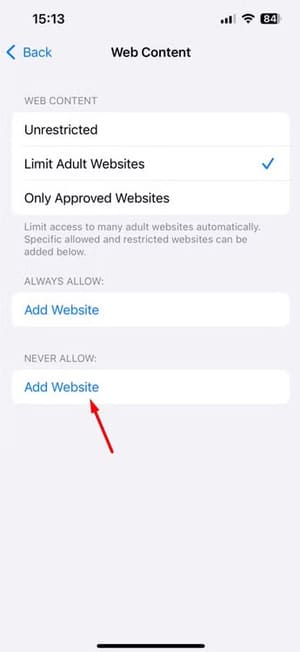 add-website-option-in-the-web-content-window كيفية ضبط حدود استخدام iPhone وiPad لأطفالك باستخدام ميزة المشاركة العائلية
