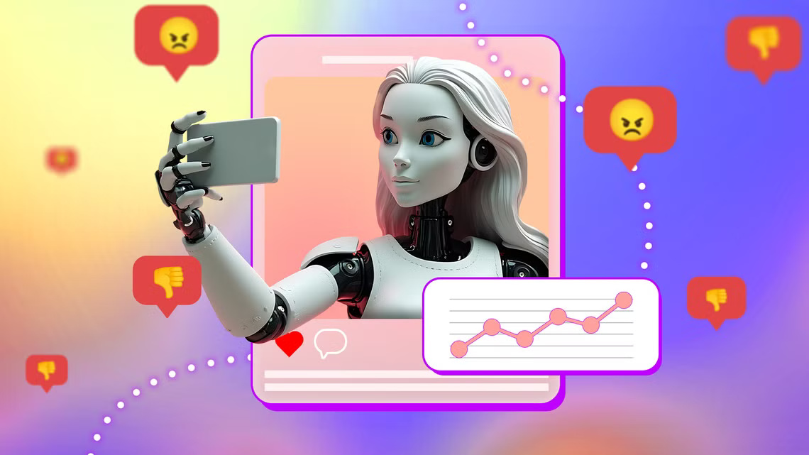 an-ai-influencer-taking-a-selfie-on-their-social-media-surrounded-by-angry-emojis-and-thumbs-down كيف يعيد الذكاء الاصطناعي تشكيل دور المؤثرين على وسائل التواصل الاجتماعي