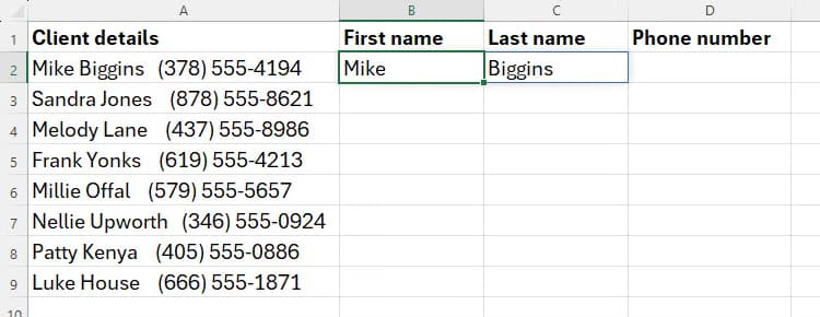 an-excel-spreadsheet-containing-a-first-name-and-surname-extracted-into-cells-b2-and-c2-from-cell-a2-using-regexextract كيفية الاستفادة من وظائف REGEX في Excel لتحسين عمليات البيانات