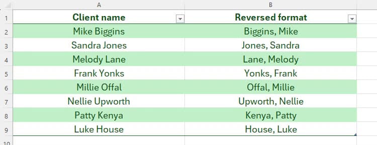 an-excel-spreadsheet-containing-two-formats-of-each-client-s-name-with-the-second-format-generated-through-the-regexreplace-function كيفية الاستفادة من وظائف REGEX في Excel لتحسين عمليات البيانات