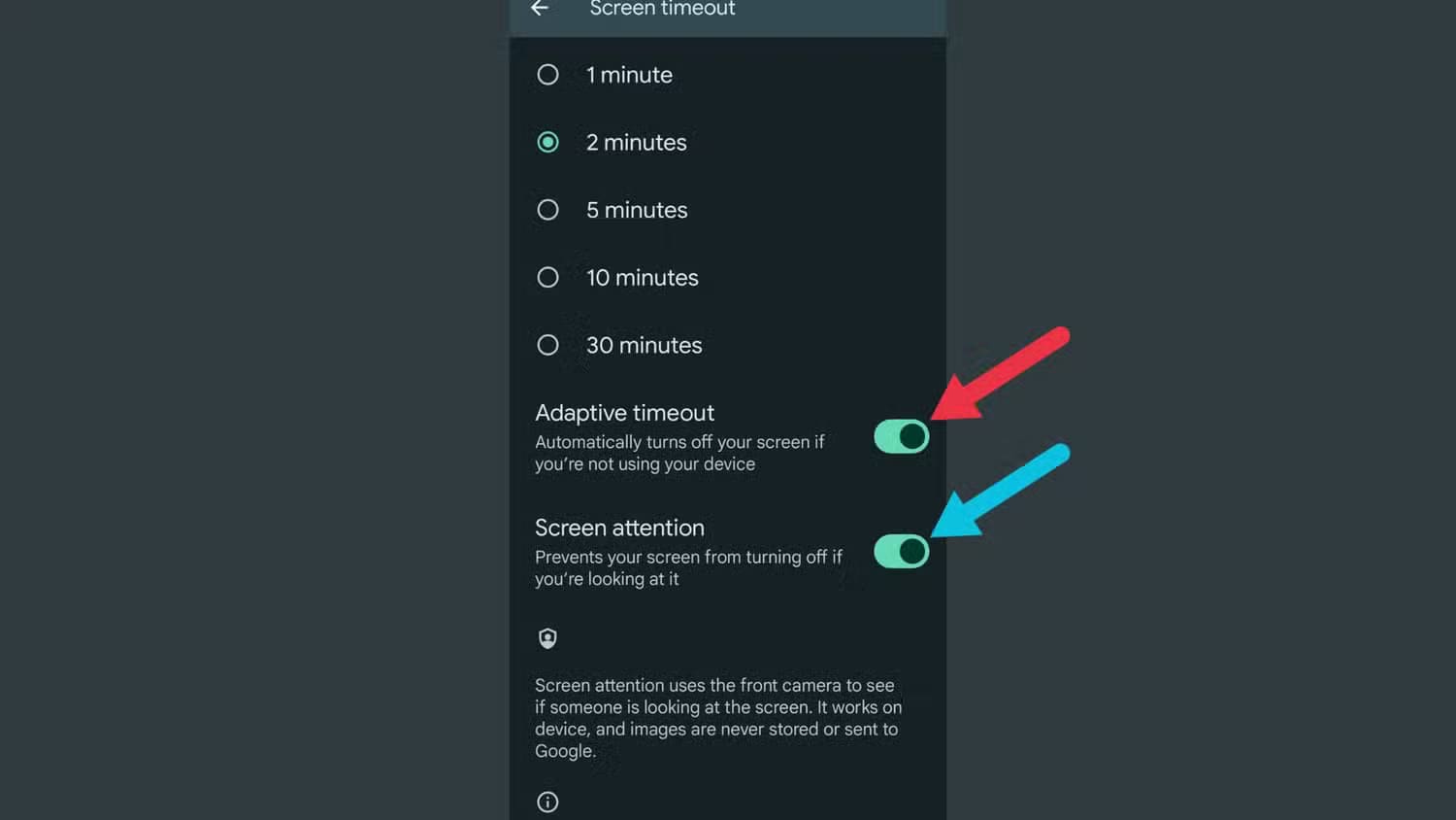 an-image-showing-adaptive-timeout-and-screen-attention-toggles كيف تستفيد من الميزات المخفية في Google Pixel لتحسين تجربتك اليومية؟