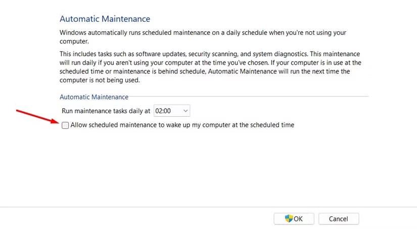 automatic-maintance-window-in-the-control-panel حل نهائي لمشكلة استيقاظ الكمبيوتر تلقائيًا أثناء عدم الاستخدام
