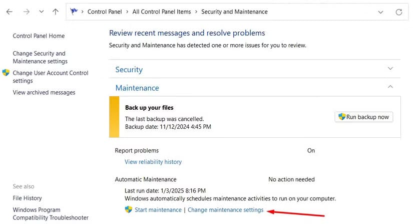 change-maintenance-settings-option-in-the-control-panel حل نهائي لمشكلة استيقاظ الكمبيوتر تلقائيًا أثناء عدم الاستخدام