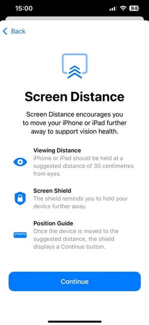 continue-option-in-the-screen-distance-screen كيفية ضبط حدود استخدام iPhone وiPad لأطفالك باستخدام ميزة المشاركة العائلية