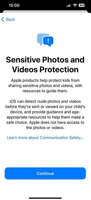 continue-option-in-the-sensitive-photos-and-videos-protection-screen-1 كيفية ضبط حدود استخدام iPhone وiPad لأطفالك باستخدام ميزة المشاركة العائلية