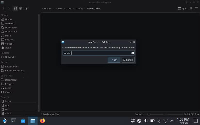 creating-a-new-folder-on-the-steam-deck-desktop-mode-file-manager أفضل 5 طرق لتخصيص فيديو بدء تشغيل Steam على Steam Deck ووضع Big Picture