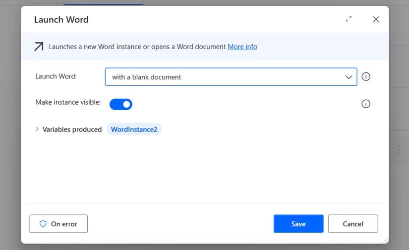 creating-launch-word-actionpower-automate-windows كيفية أتمتة المهام المتكررة باستخدام Power Automate لسطح المكتب