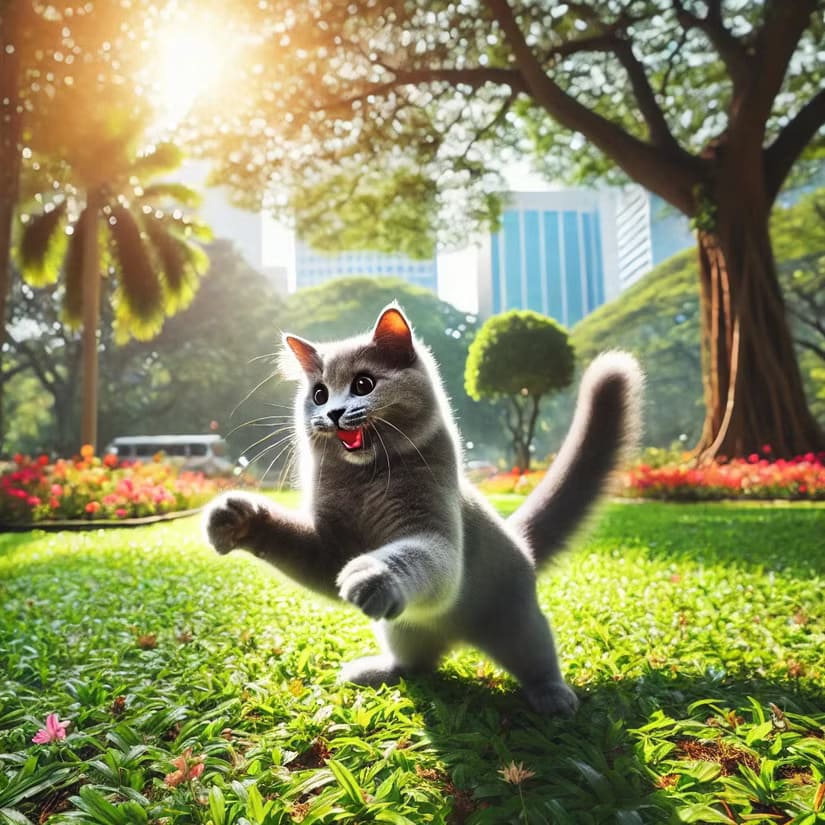 dall-e-2024-12-19-17-45-09-a-playful-grey-cat-frolicking-in-a-park-during-daylight أسرار تصميم صور مذهلة باستخدام الذكاء الاصطناعي
