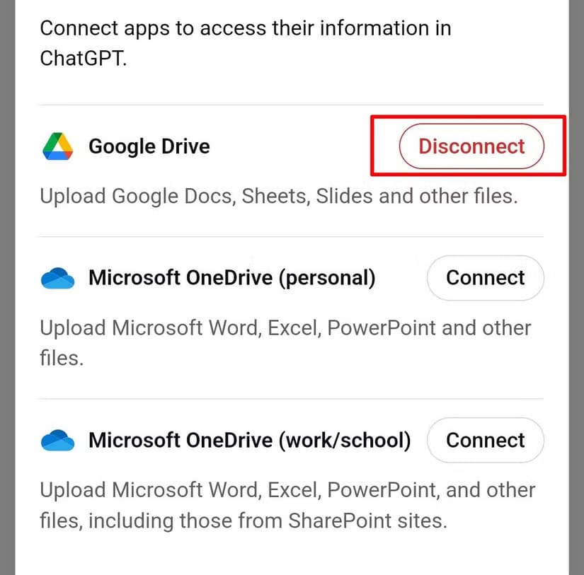 disconnect-button-google-drive-chatgpt تحميل ملفات Google Drive إلى ChatGPT بخطوات سهلة وبسيطة