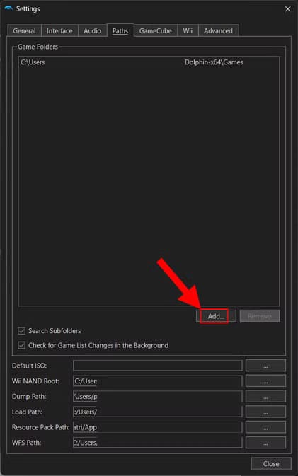 dolphin-emulator-arrow-pointing-to-add-path كيفية إعداد محاكي Dolphin لتشغيل ألعاب Wii وGameCube على Windows بسهولة