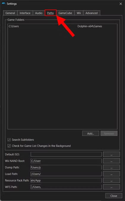 dolphin-emulator-arrow-pointing-to-paths كيفية إعداد محاكي Dolphin لتشغيل ألعاب Wii وGameCube على Windows بسهولة