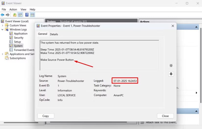 event-properties-window-in-the-event-viewer حل نهائي لمشكلة استيقاظ الكمبيوتر تلقائيًا أثناء عدم الاستخدام