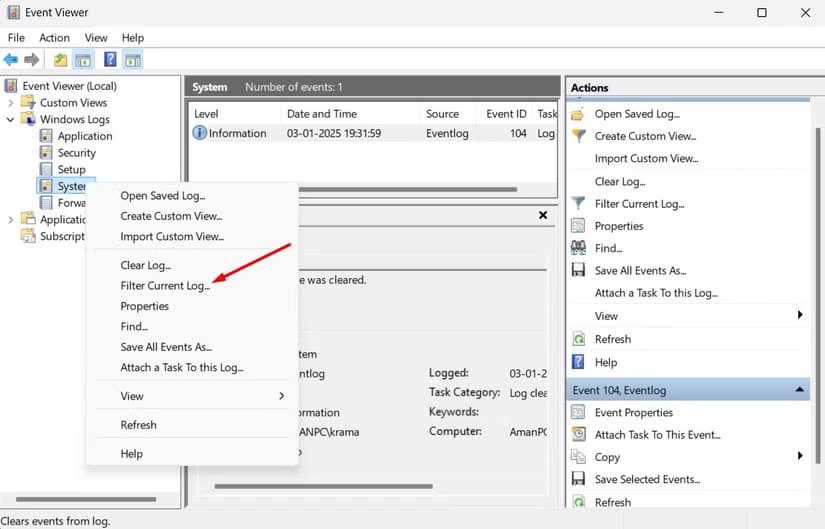 filter-current-log-option-in-event-viewer حل نهائي لمشكلة استيقاظ الكمبيوتر تلقائيًا أثناء عدم الاستخدام