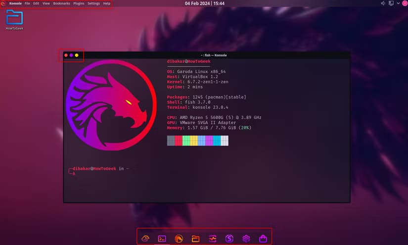 garuda-linux-mac-inspired-workflow-with-appmenu-in-panel-left-side-windows-button-and-a-dock-for-launching-apps الفرق بين GNOME وKDE Plasma واختيار الأفضل بينهما لأجهزة سطح المكتب بنظام Linux
