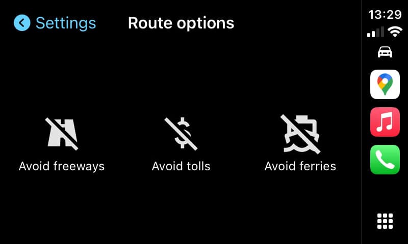 google-maps-route-options-preferences كيفية الاستفادة من خرائط Google للملاحة عبر Apple CarPlay