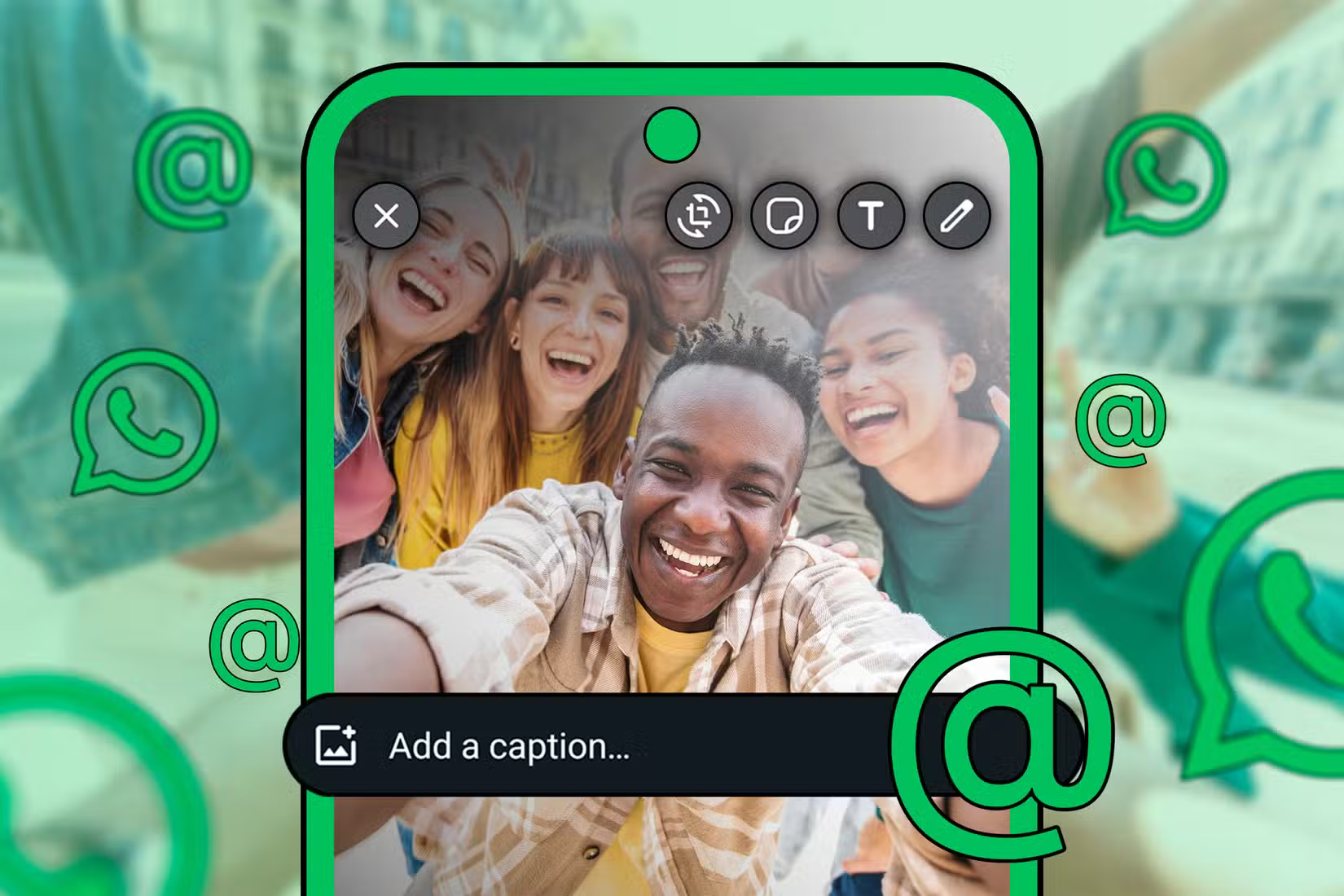 group-of-people-taking-a-selfie-for-whatsapp-status-with-several-mention-icons-around كيف يعيد الذكاء الاصطناعي تشكيل دور المؤثرين على وسائل التواصل الاجتماعي