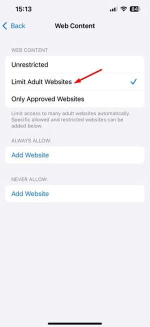 limited-adult-websites-option-in-iphone كيفية ضبط حدود استخدام iPhone وiPad لأطفالك باستخدام ميزة المشاركة العائلية