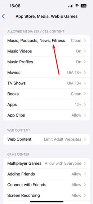 music-podcast-news-fitness-settings-in-iphone كيفية ضبط حدود استخدام iPhone وiPad لأطفالك باستخدام ميزة المشاركة العائلية