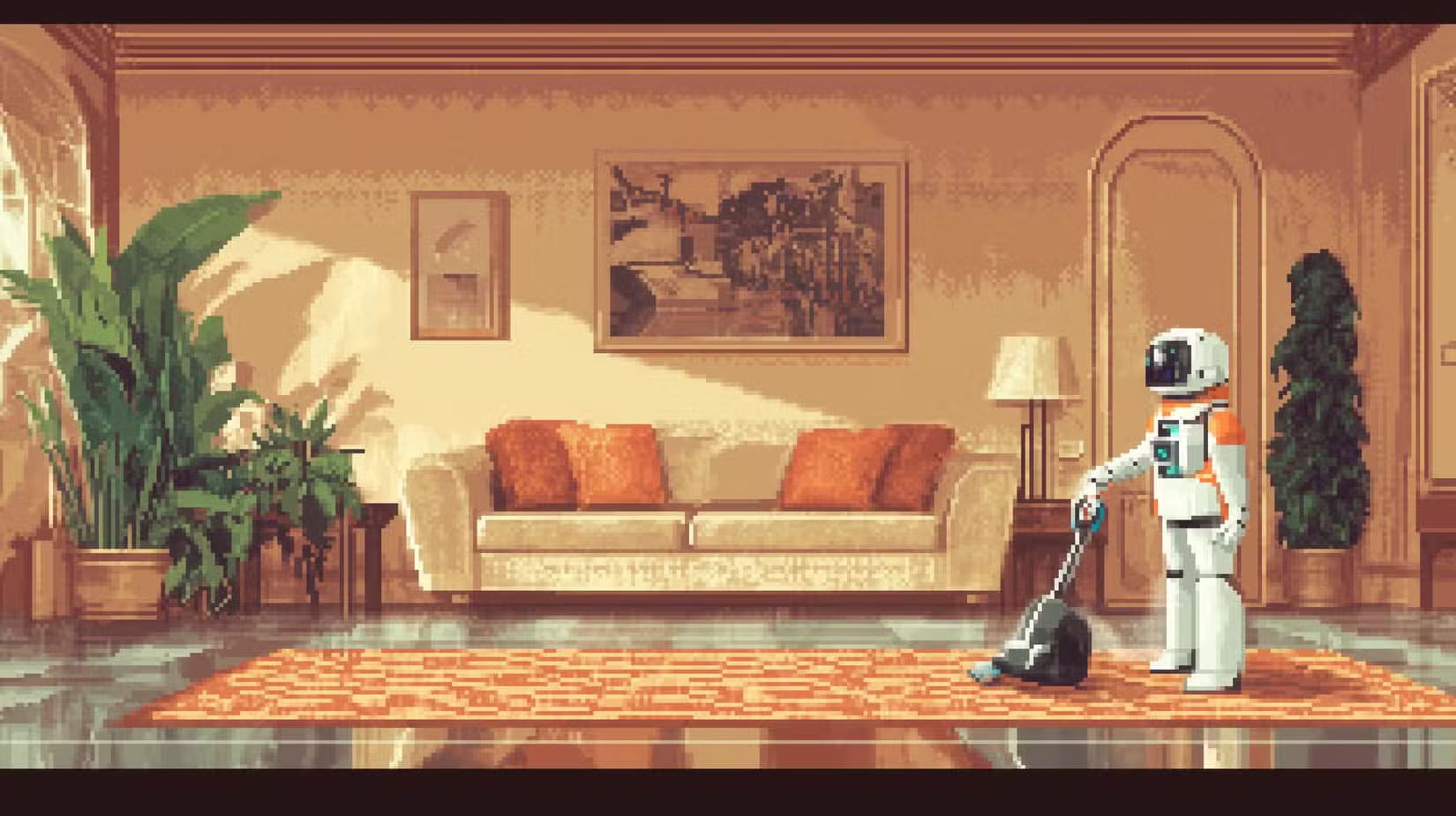 pixel-art-of-a-household-robot-cleaning-a-stylish-living-room 5 طرق يستخدم بها الذكاء الاصطناعي لتحسين المنازل الذكية